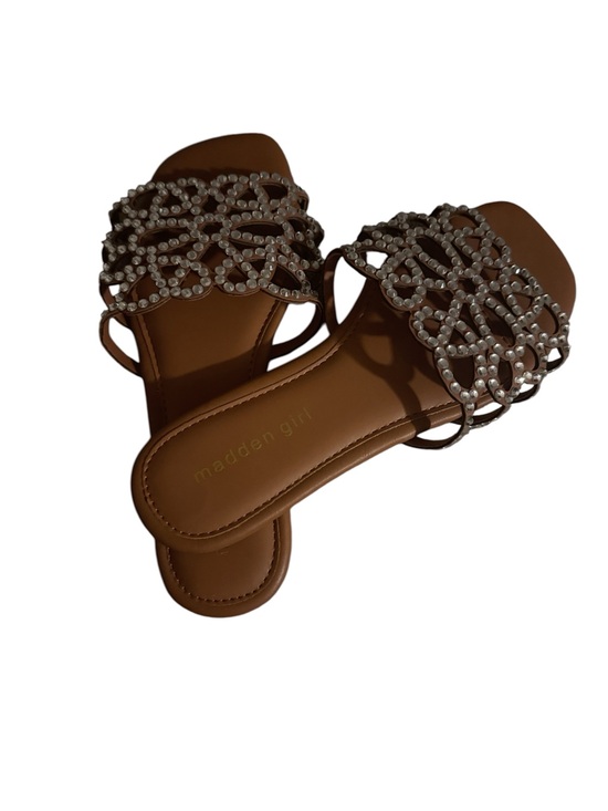 Madden Girl Shoes - Madden Girl Brown Slide Sandals with Pearl Lattice Straps